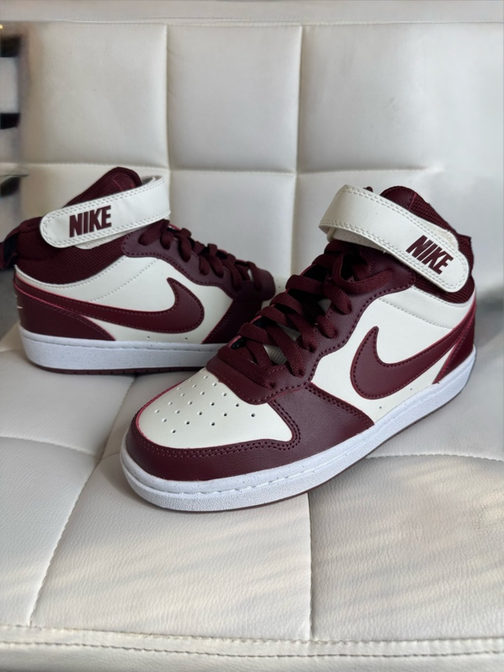 Boys Nike Mid-Top Sneakers in White and Burgundy/Maroon
